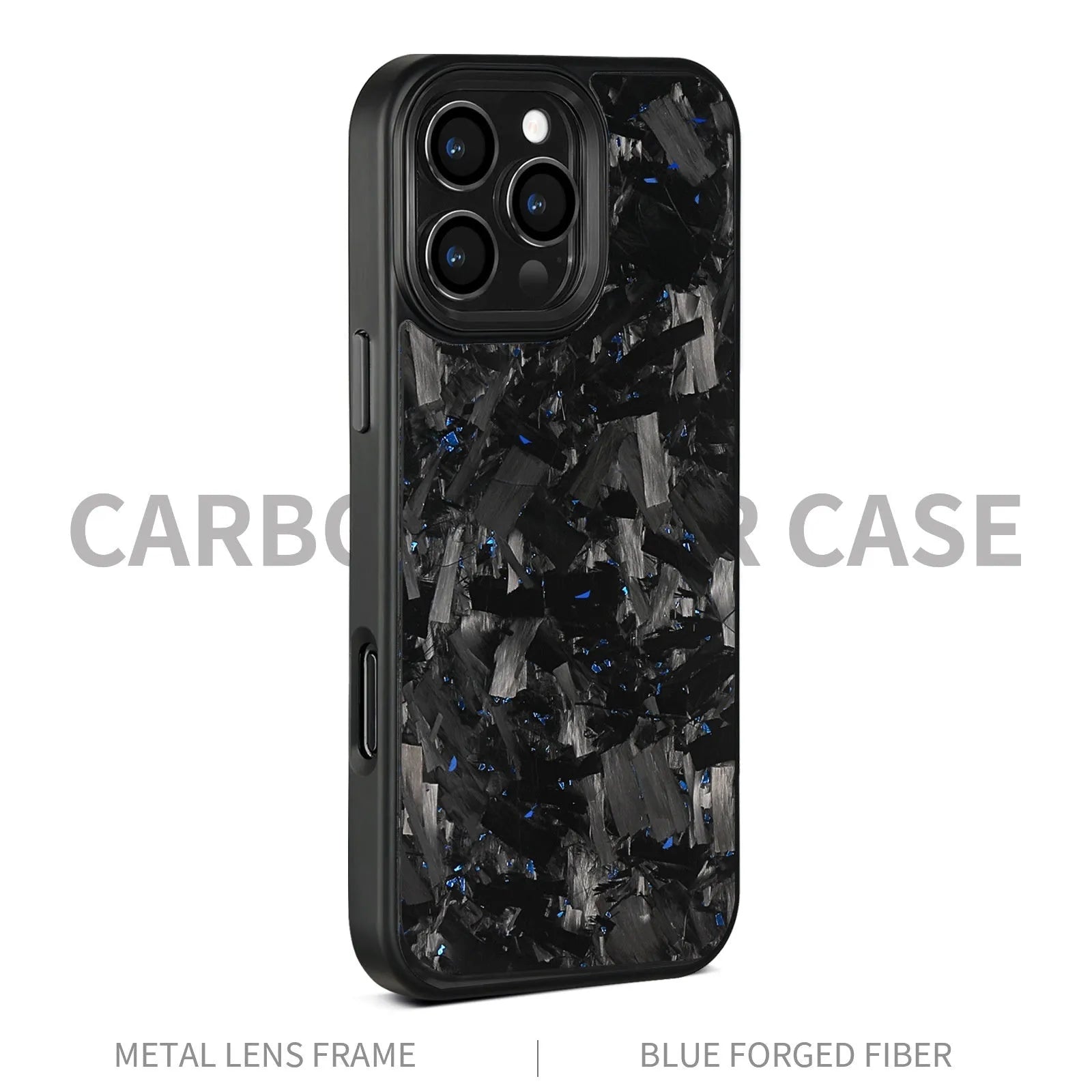 Black carbon fibre mobile phone case with a metal frame and magnetic feature for iPhone 17 models.