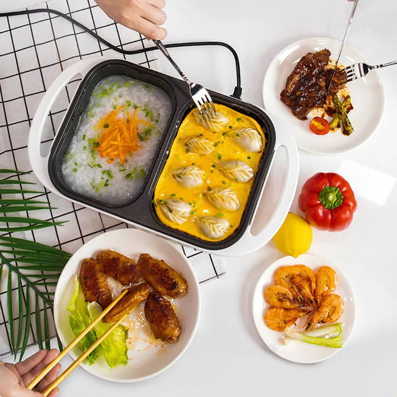 Green and white dual-function electric caldron and frying oven with mechanical controls and 1300W power rating