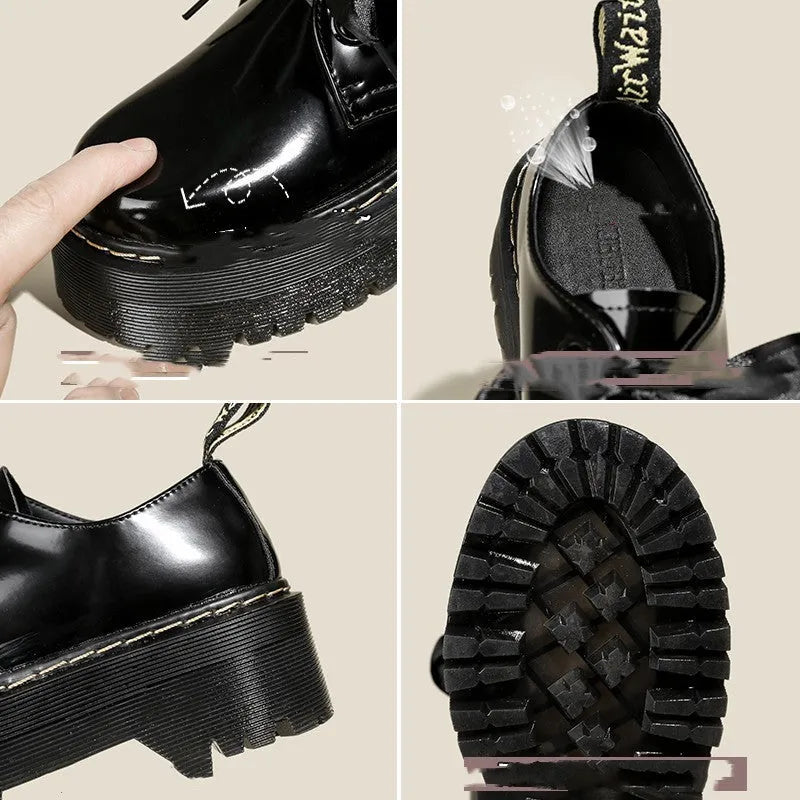 Women's black thick-soled leather shoes with cross strap design and lace-up closure
