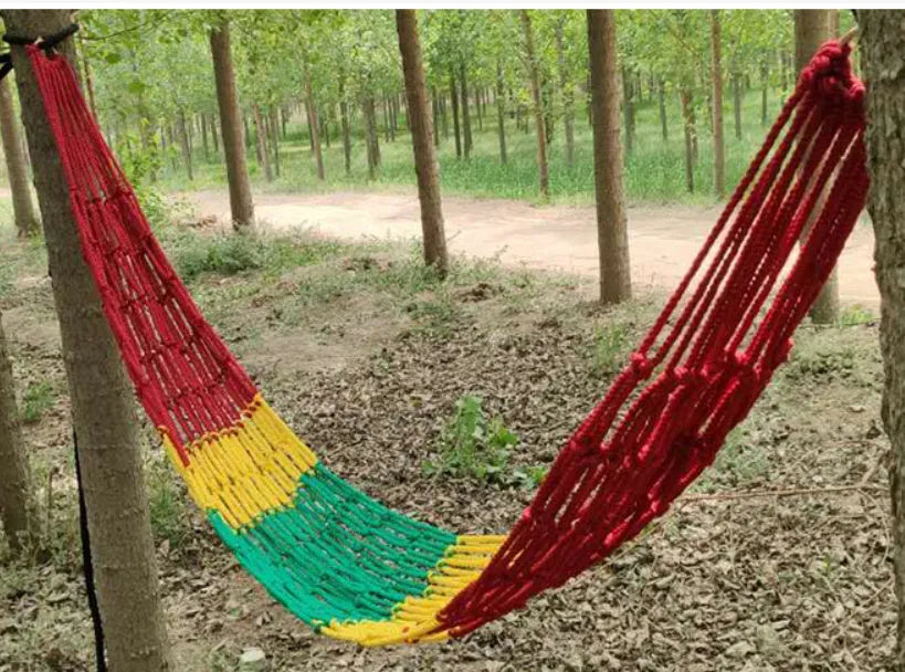 Nylon rope mesh hammock shown outdoors with dimensions 1.1m wide by 2.1m long