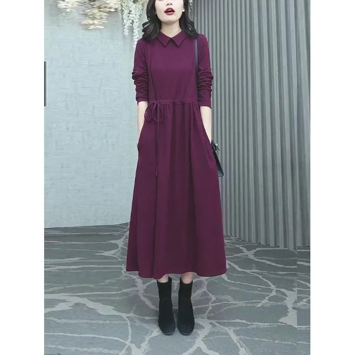Purplish red women's plus size long sleeve dress with a long skirt for autumn and winter wear.