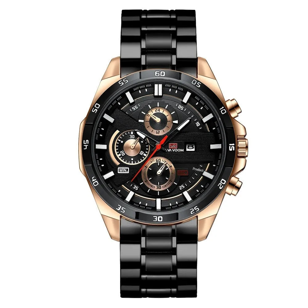 Men's business calendar waterproof quartz watch with black strap and rose gold case