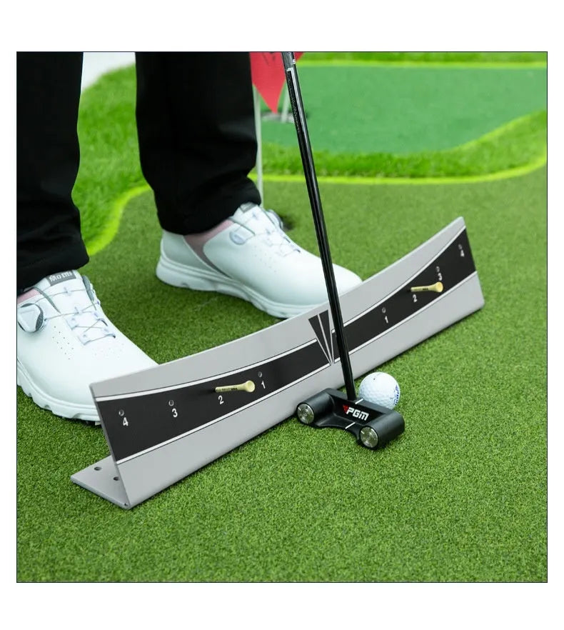 Golf putter trajectory balance simulator with adjustable push rod balancer on a floor