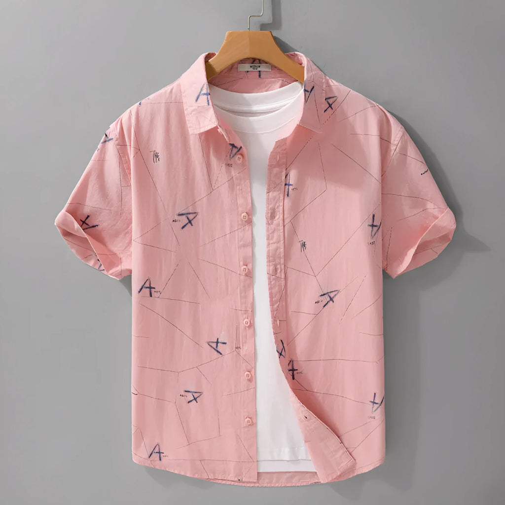 Letter printed short sleeve shirt in pure cotton, loose cardigan style, available in white, light pink, light green, sizes M to 3XL