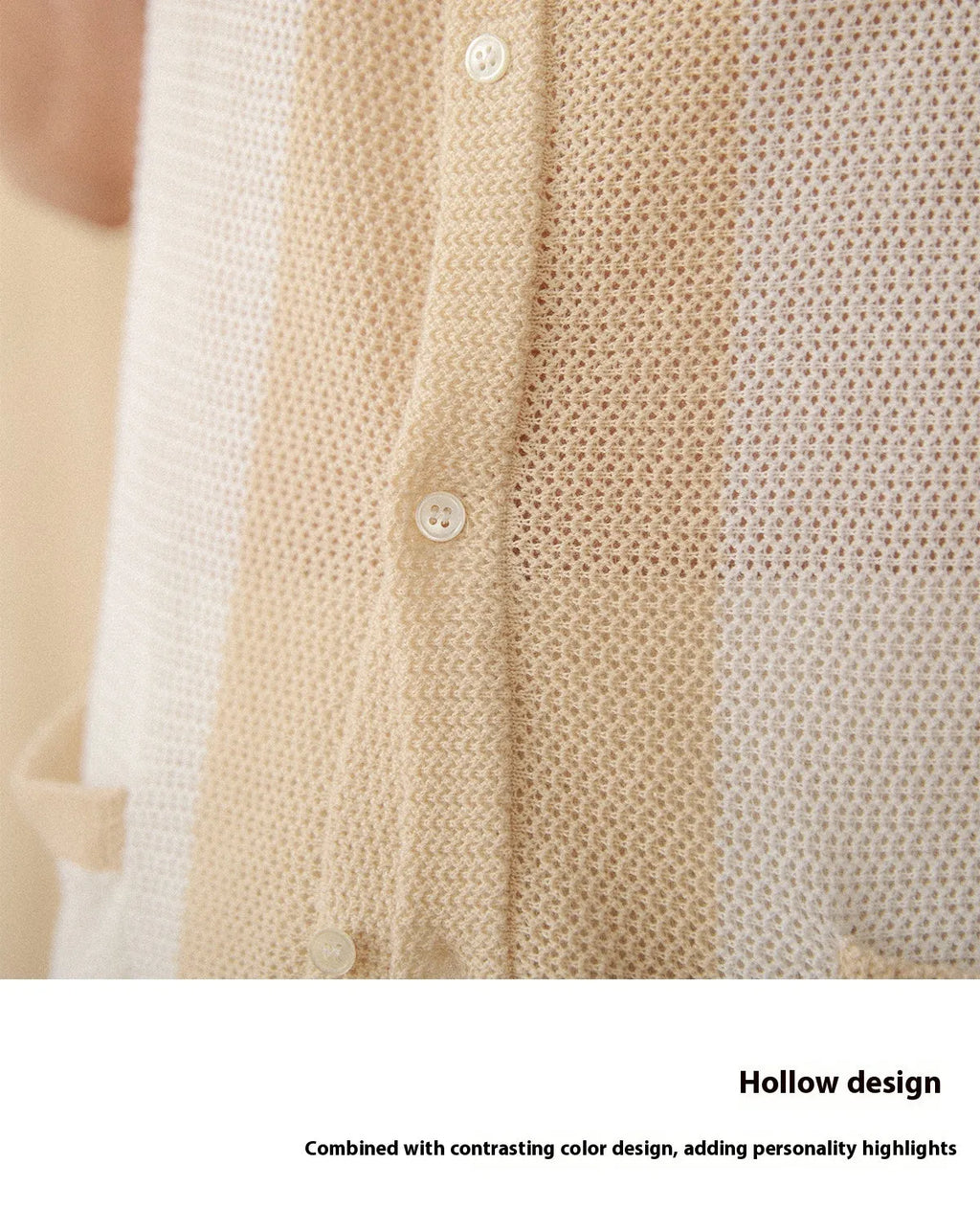 Hollow cotton and linen lapel short-sleeved cardigan knitted top in beige and chocolate colours