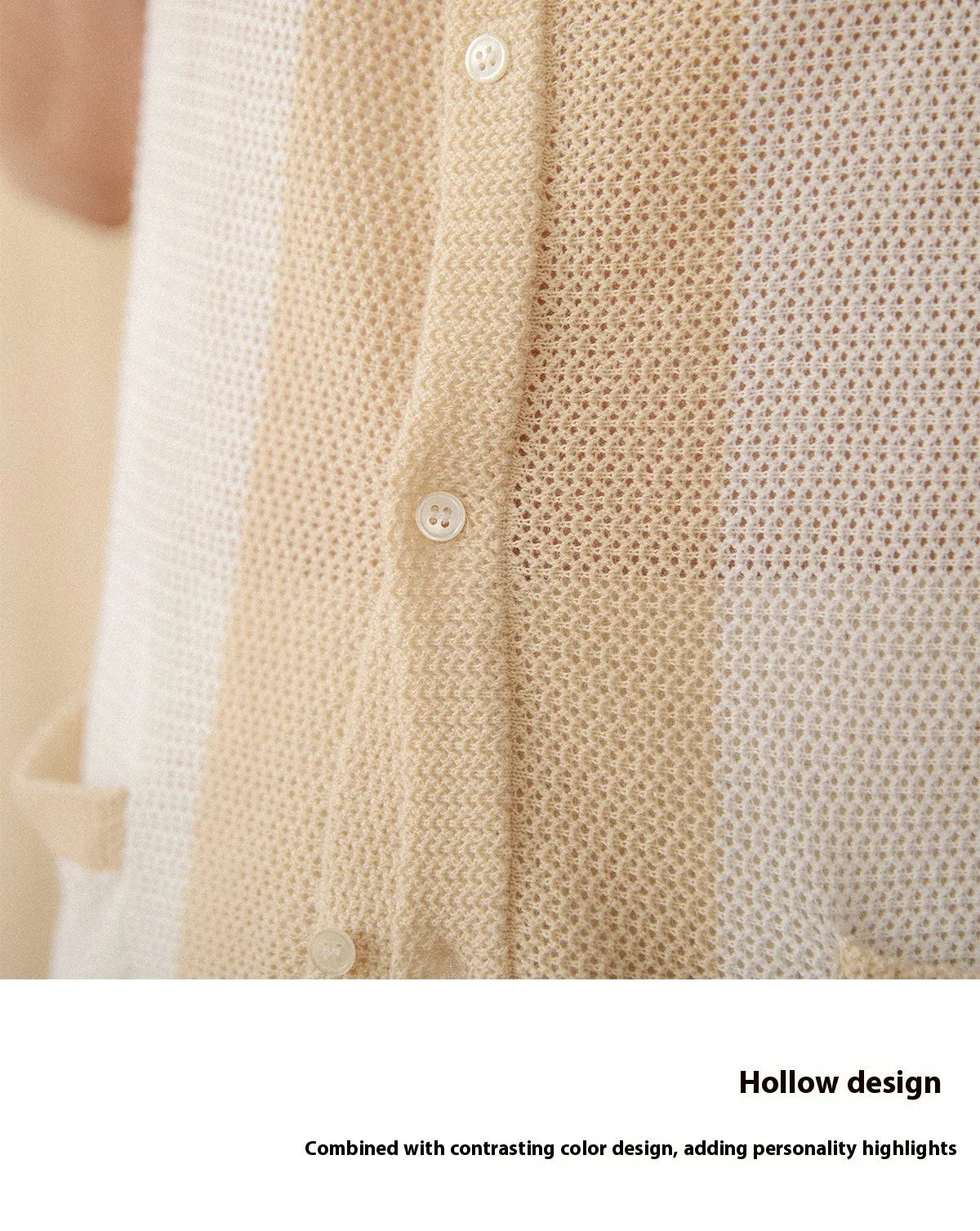 Hollow cotton and linen lapel short-sleeved cardigan knitted top in beige and chocolate colours