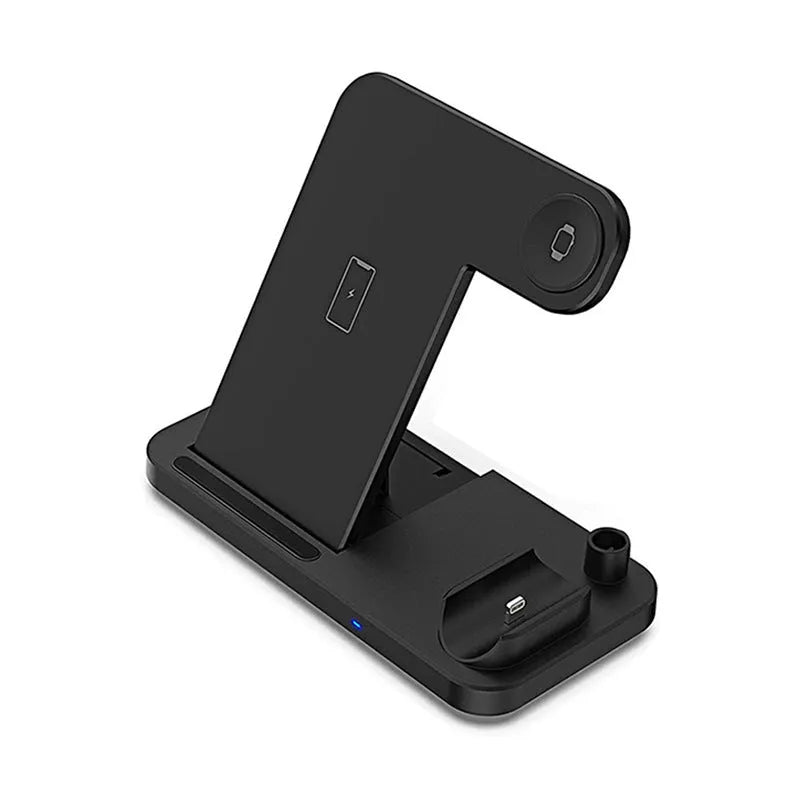 Black four-in-one wireless charger N18 for mobile phones with QC3.0 charging head on a desk