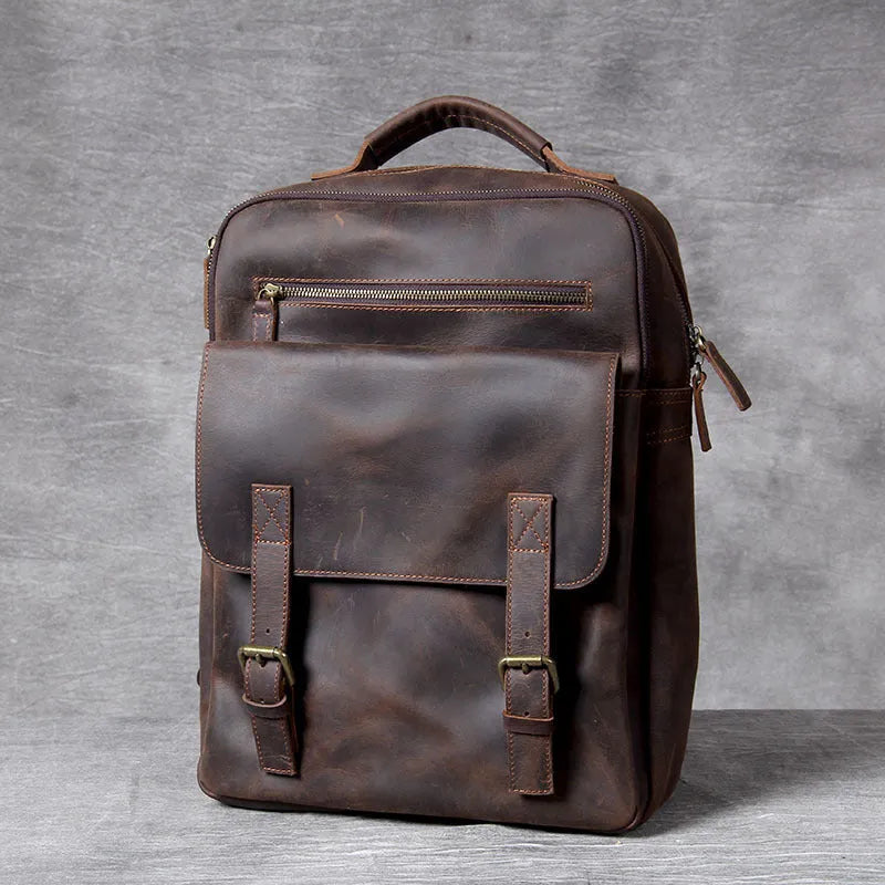 Retro crazy horse leather backpack first layer cowhide dark coffee colour with multiple pockets