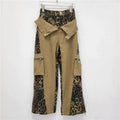 High waist straight leg jeans with dark khaki leopard print and fake stitching tooling design