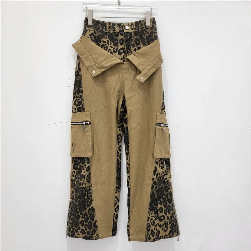 High waist straight leg jeans with dark khaki leopard print and fake stitching tooling design