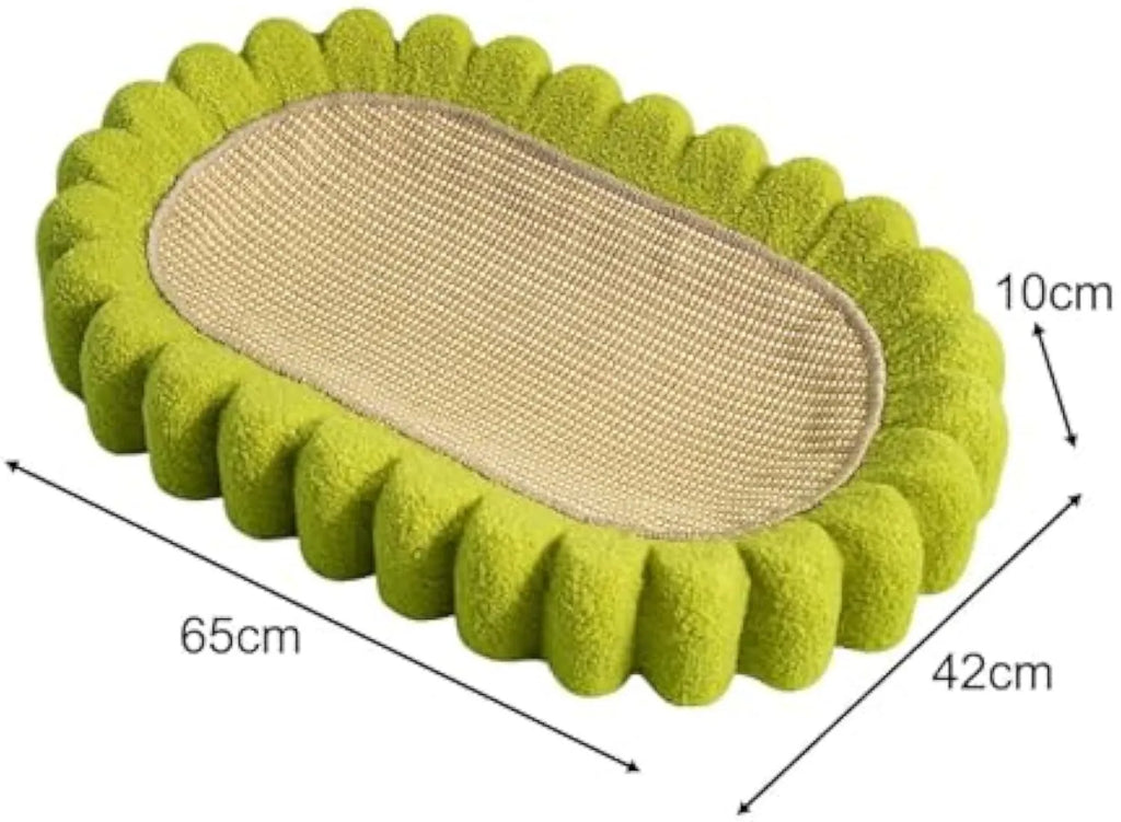 Green oval cat scratch pad bowl measuring 650mm serving as scratching board and cat bed