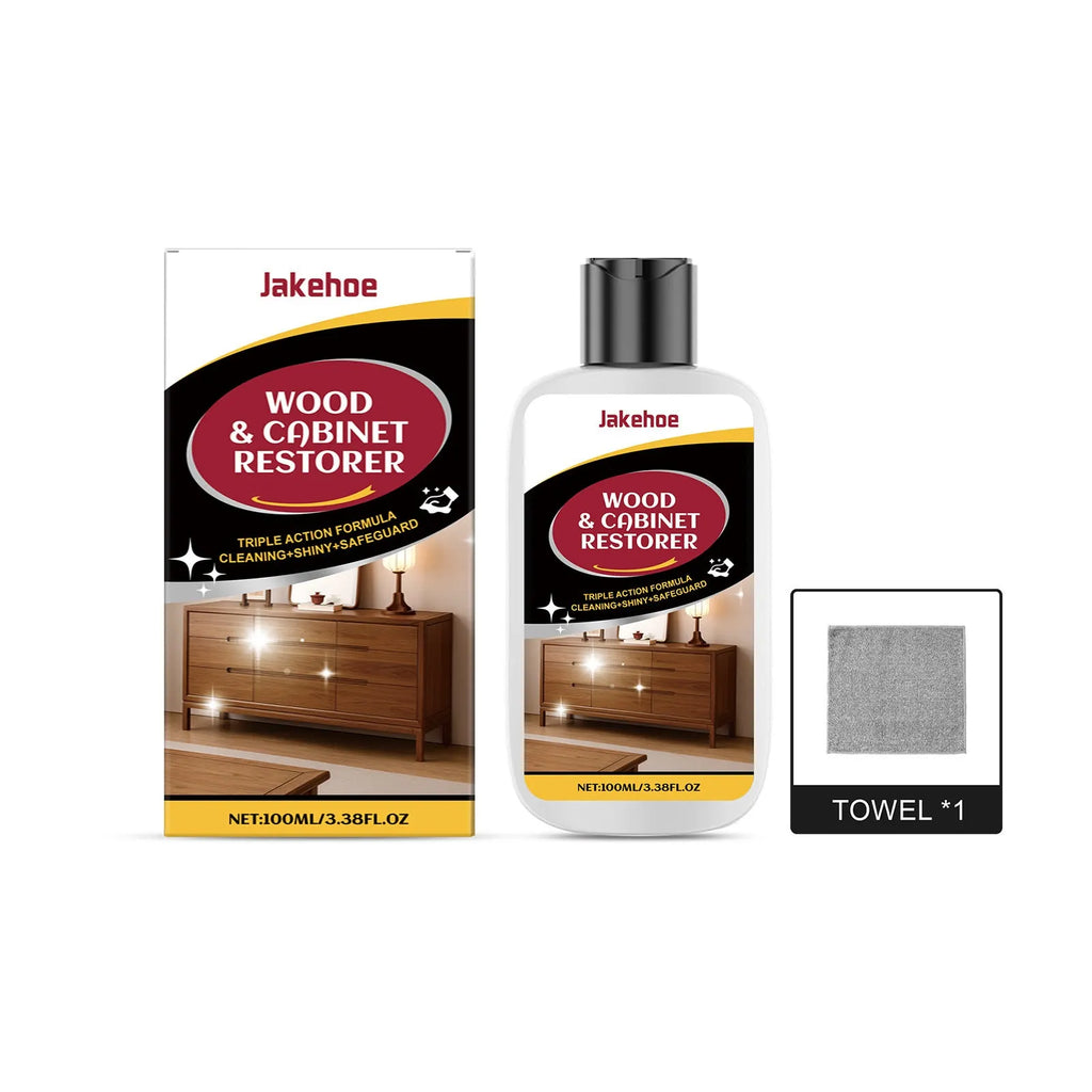 Wood furniture scratch care agent kit showing 100ml bottle and microfiber cloth for wooden surface maintenance