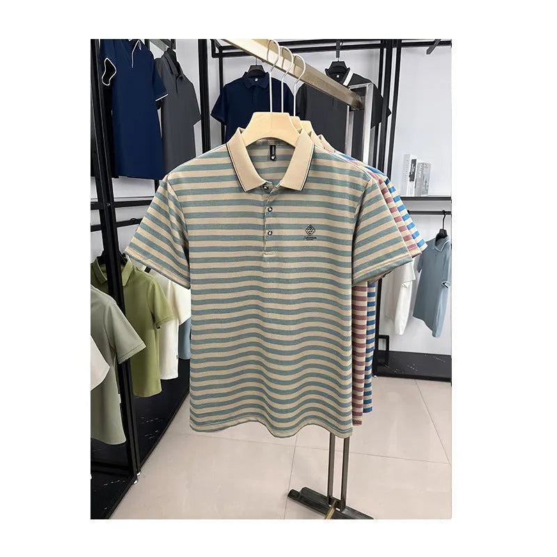 Men's striped short sleeve casual top in polyester with mosaic pattern, shown in blue colour.