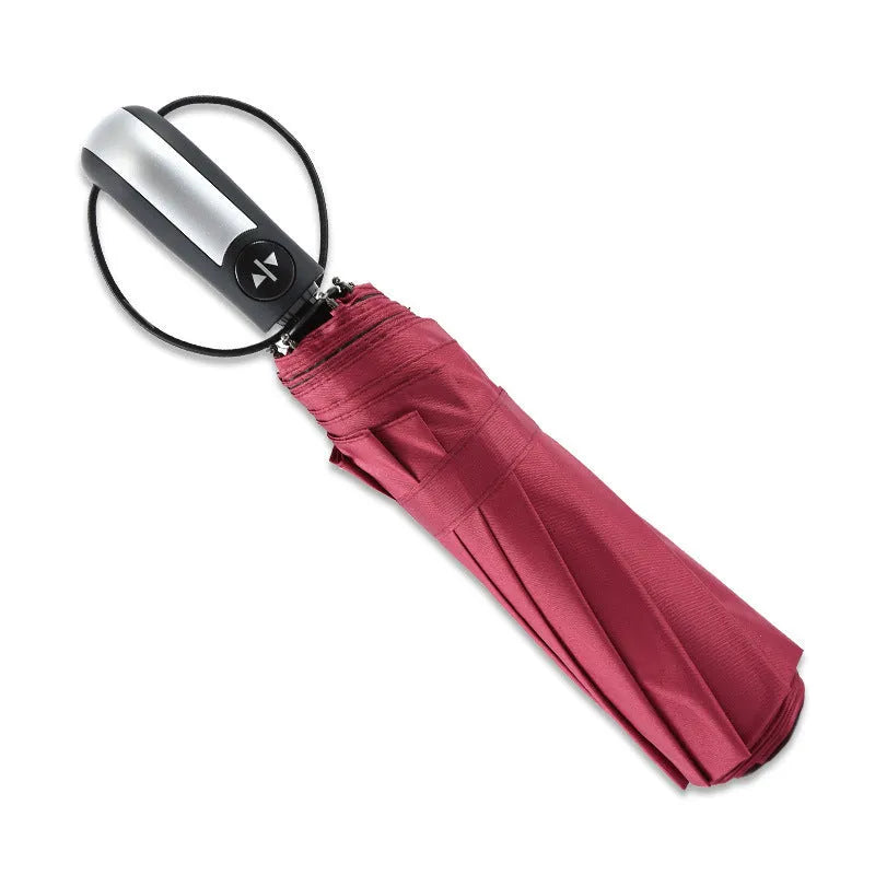 Triple folding business advertising umbrella with automatic opening mechanism and rubber handle