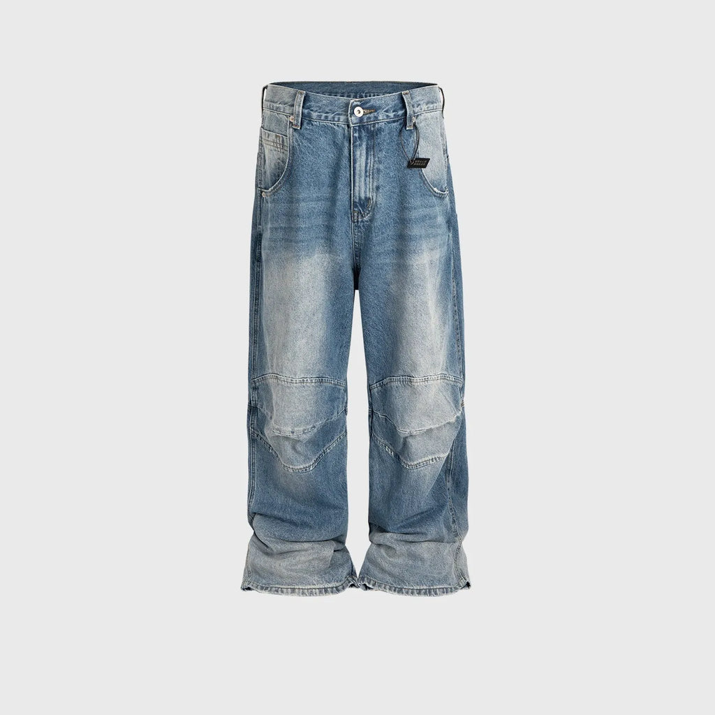 Profile pleated baggy washed white blue cotton denim straight-leg jeans with zip fly
