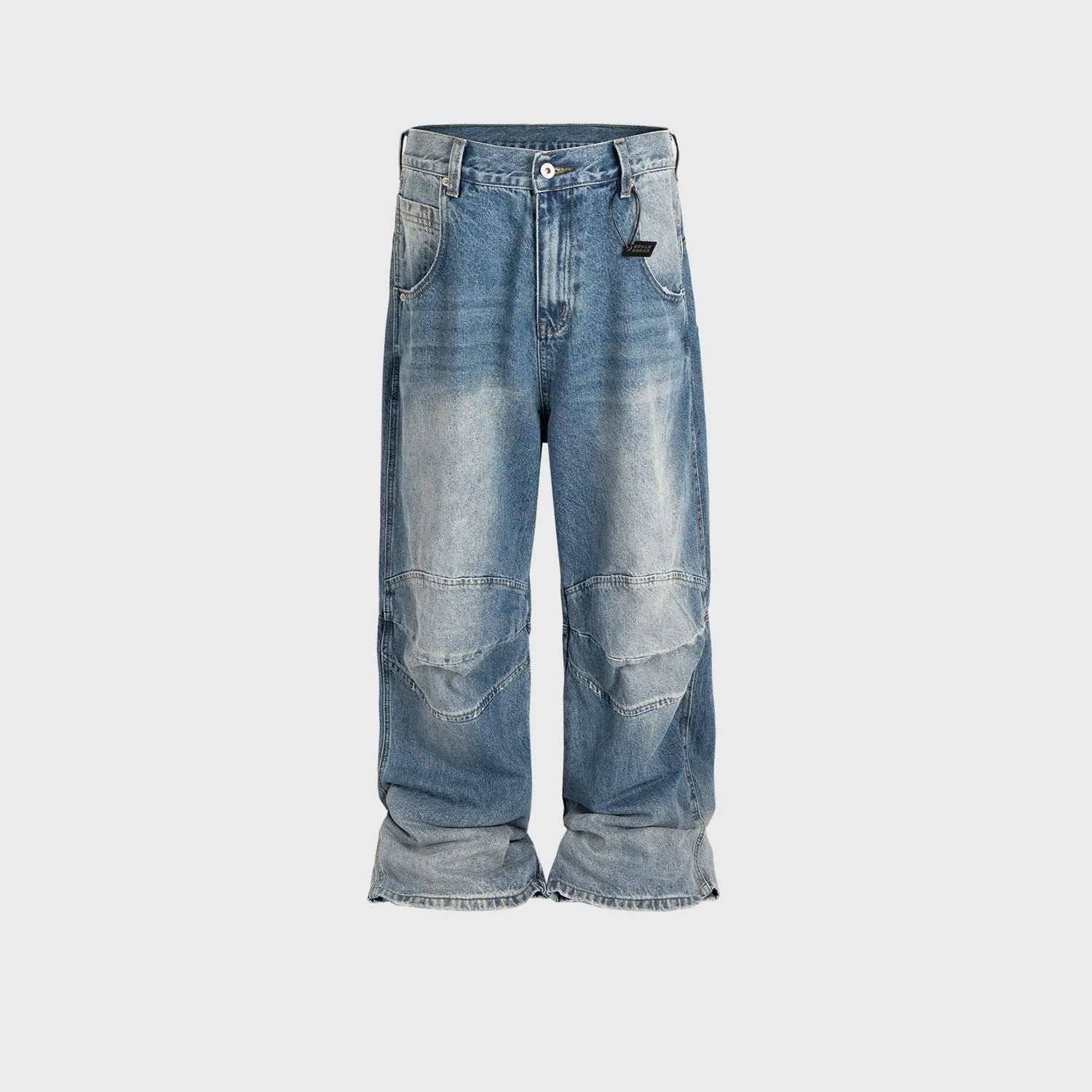 Profile pleated baggy washed white blue cotton denim straight-leg jeans with zip fly