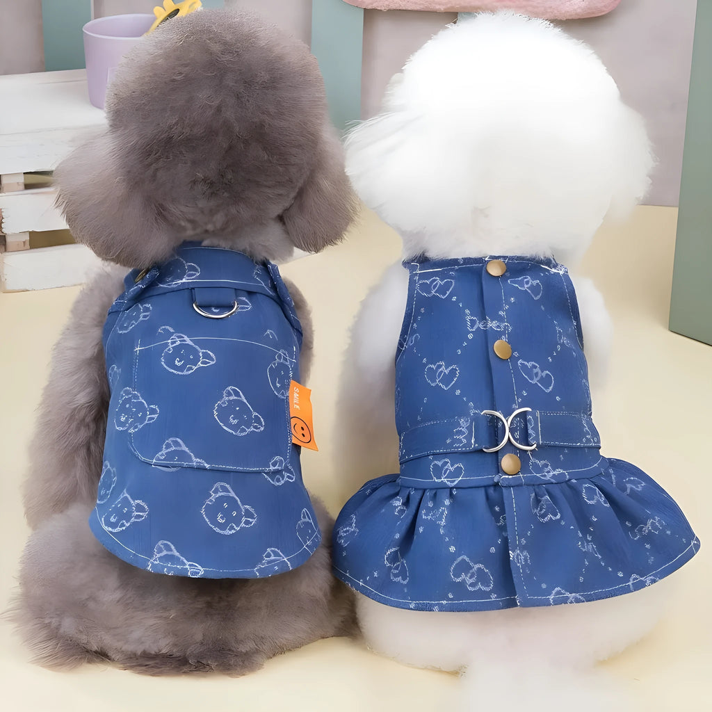 Teddy Bichon wearing thin denim princess dress with bracket-skirt design in HNXD denim colour