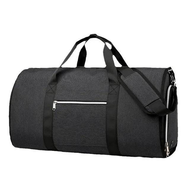 Expandable Oxford cloth storage bag in grey, shown with dry-wet separation compartment.