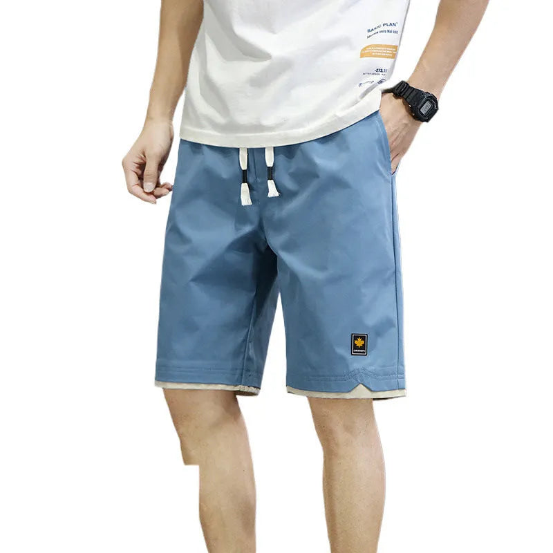 Men's loose straight fifth pants in green polyester fabric with South Korea style casual design