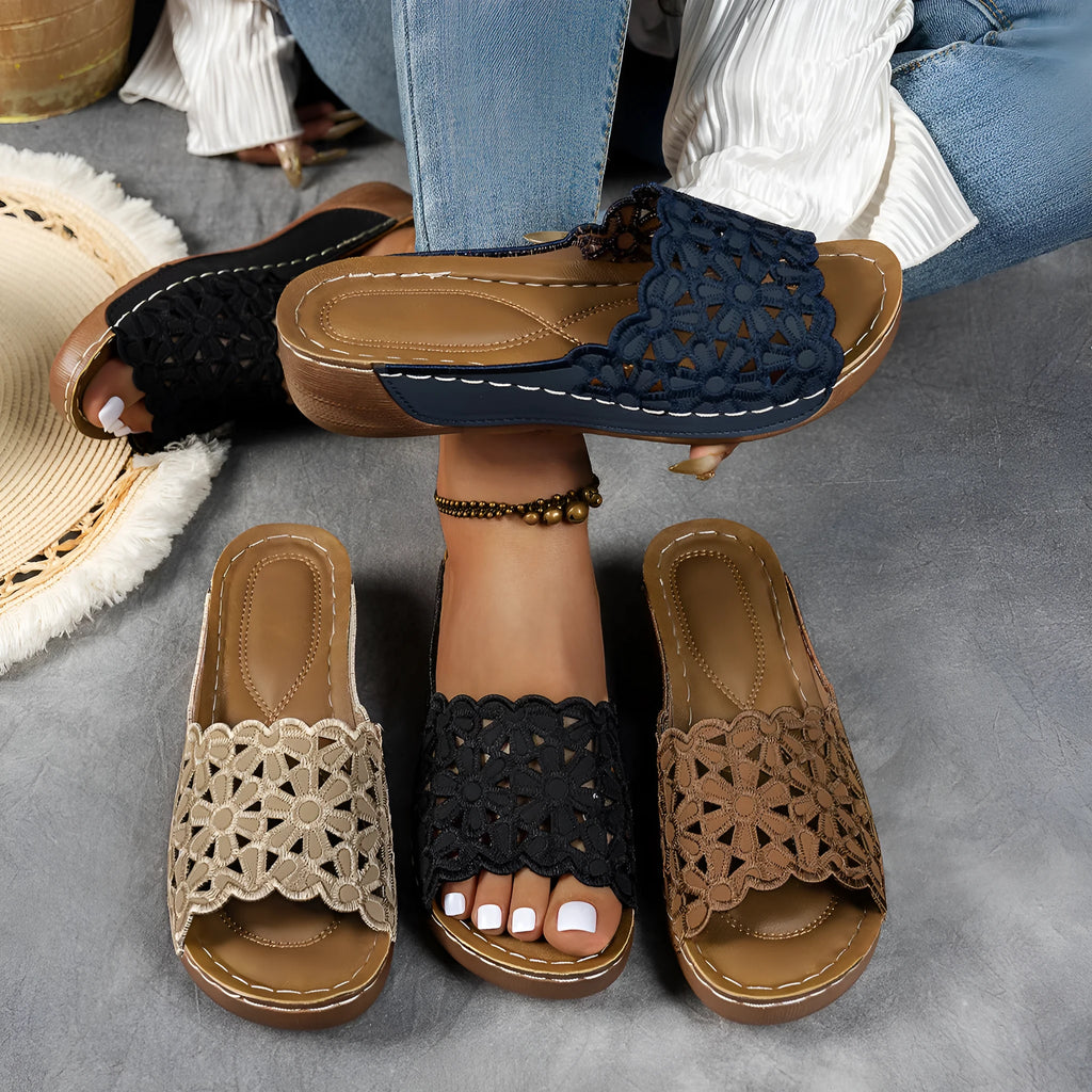 Women's flower cutout wedge beach slippers with PVC upper and fish mouth toe in light brown