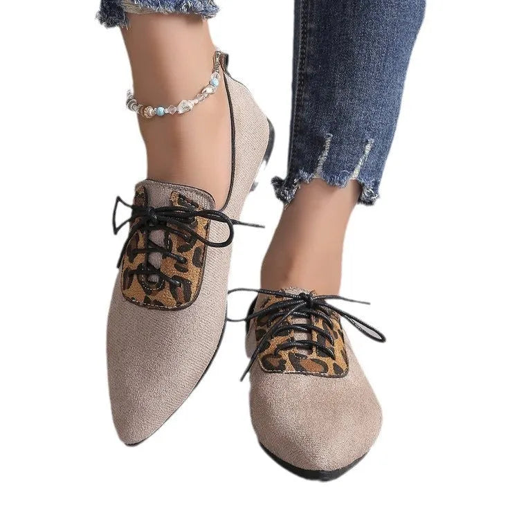 Beige leopard print women's pumps with pointed toe and high heel in plus sizes