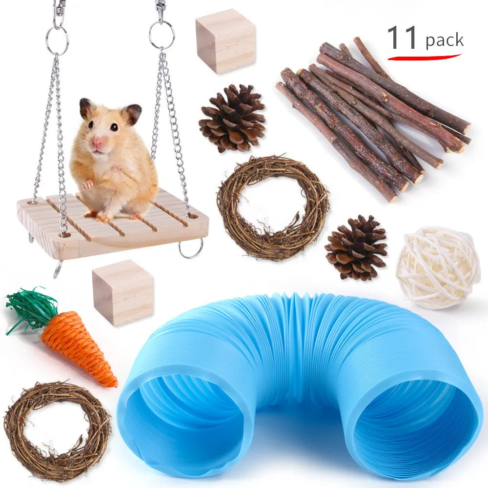 Assortment of natural wooden chew toys for small pets including mats, balls, and rings.