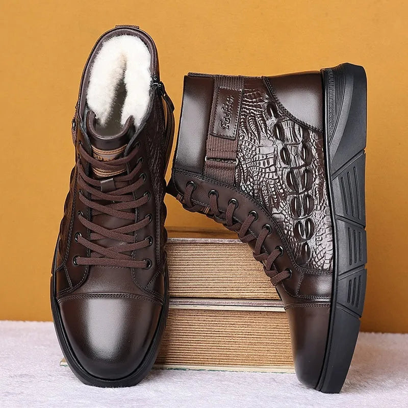 Genuine leather fur-lined snow boots with lace-up front and rubber sole, shown in black with velvet trim.