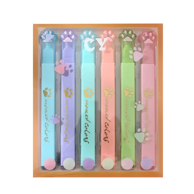 Cat's Paw highlighter pen set with six fluorescent colours and oblique pen heads in a box.