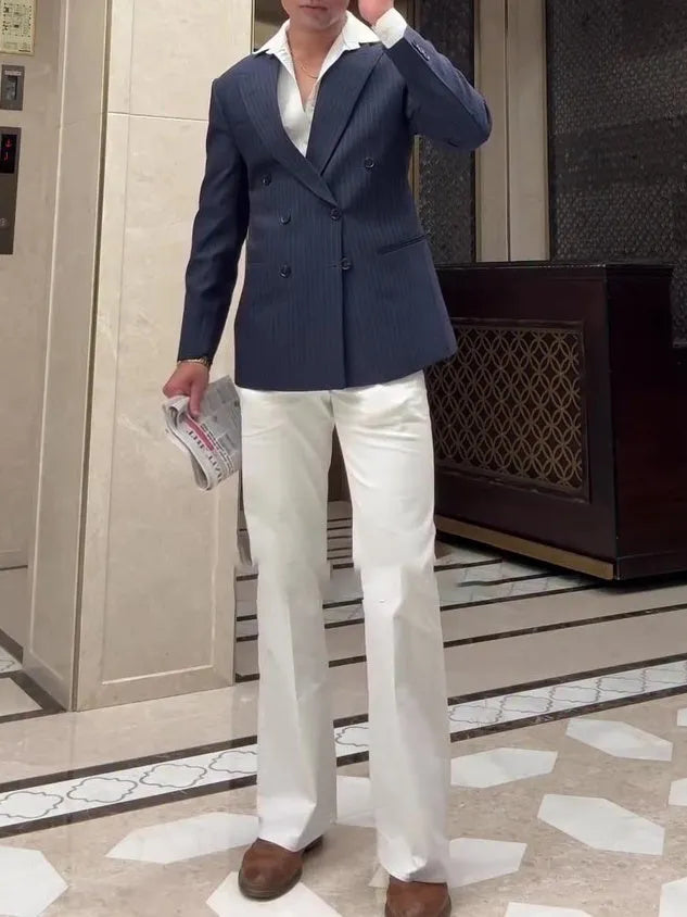 Men's striped double-breasted blazer in regular fit polyester for daily wear