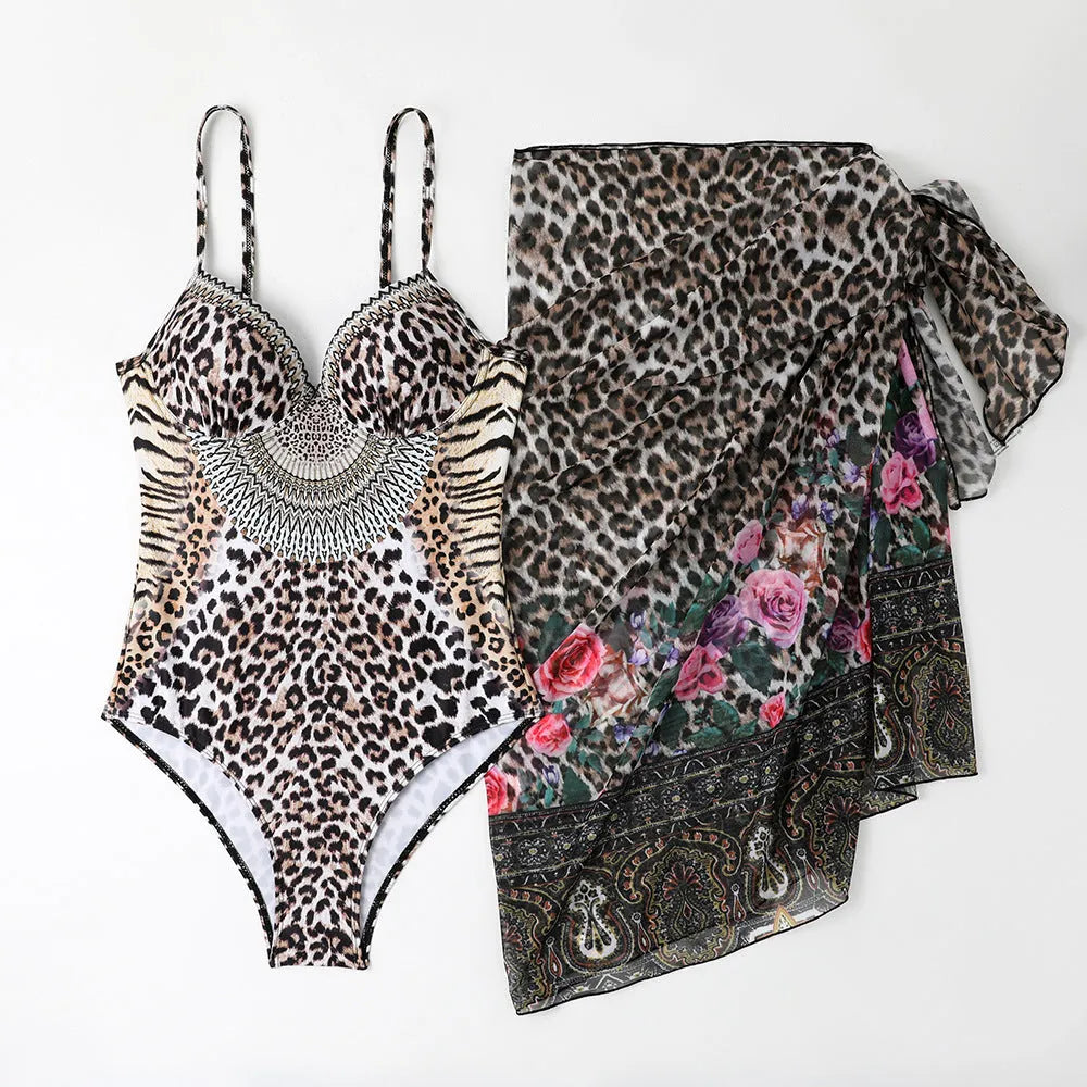 Women's leopard print one-piece swimsuit with sheer mesh long dress and pants, backless beachwear set