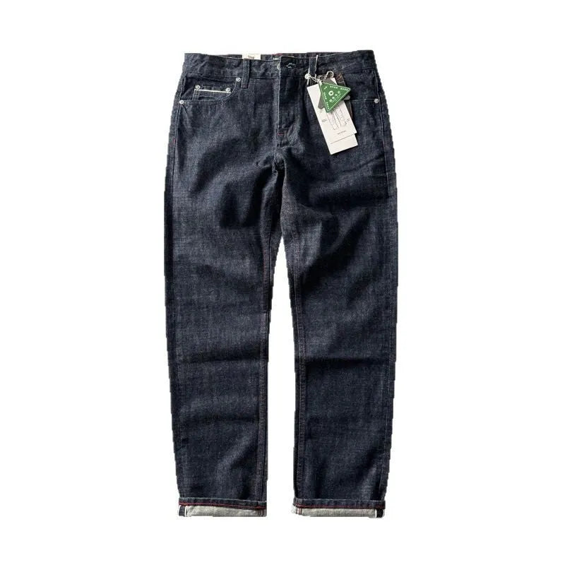 Men's primary colour straight leg denim trousers on a mid-waist fit model, showing American retro style.