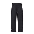 Men's black baggy paratrooper pants with elastic drawstring waist, three-dimensional cutting, acetate fibre blend