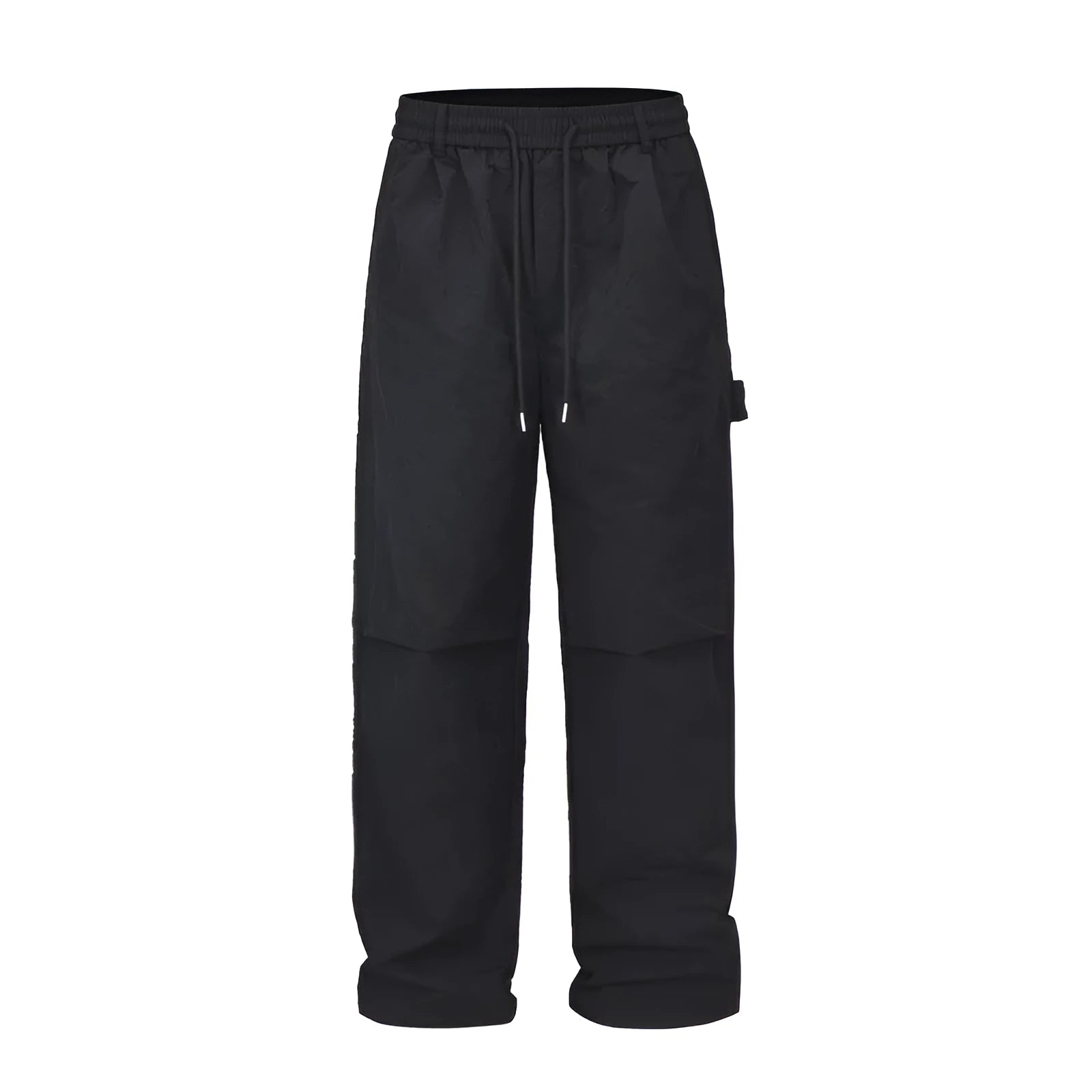 Men's black baggy paratrooper pants with elastic drawstring waist, three-dimensional cutting, acetate fibre blend
