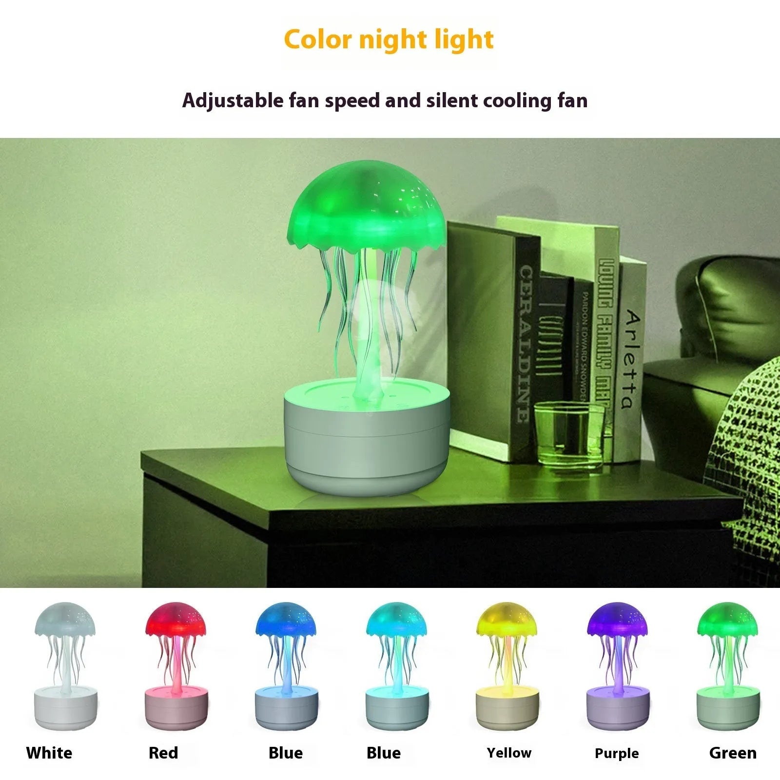 White jellyfish essential oil diffuser with 300ml tank and 7-colour night light on a desk