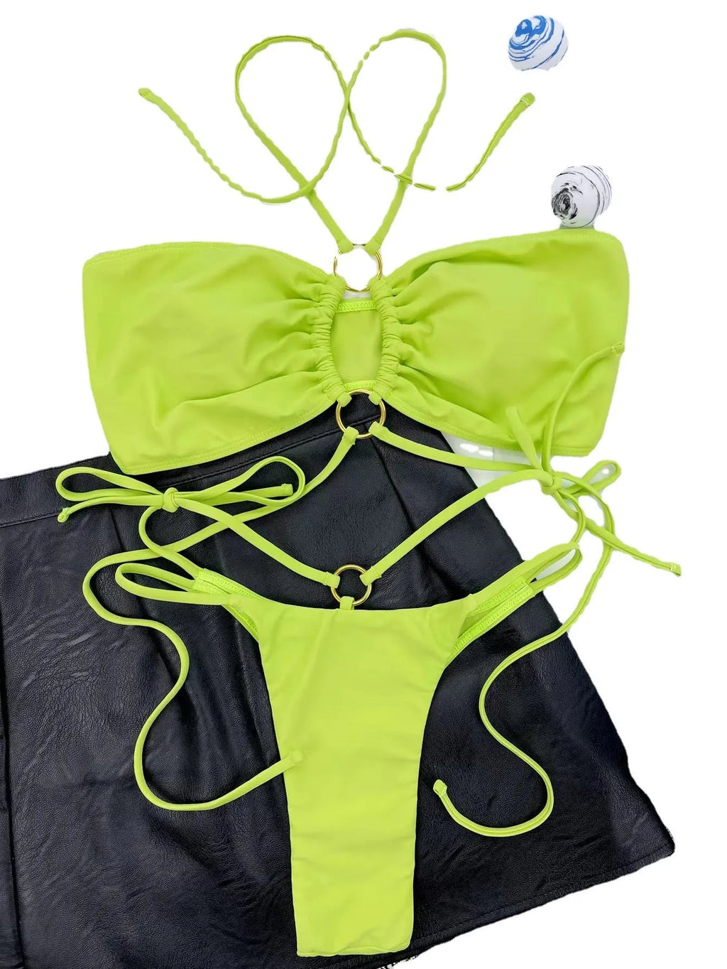 Women's split bikini lace-up triangle top in yellow green nylon fabric