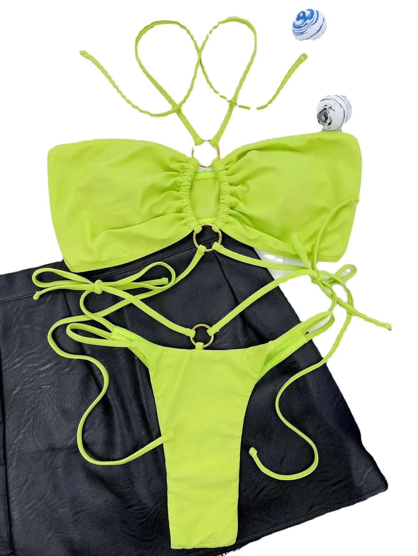 Women's split bikini lace-up triangle top in yellow green nylon fabric