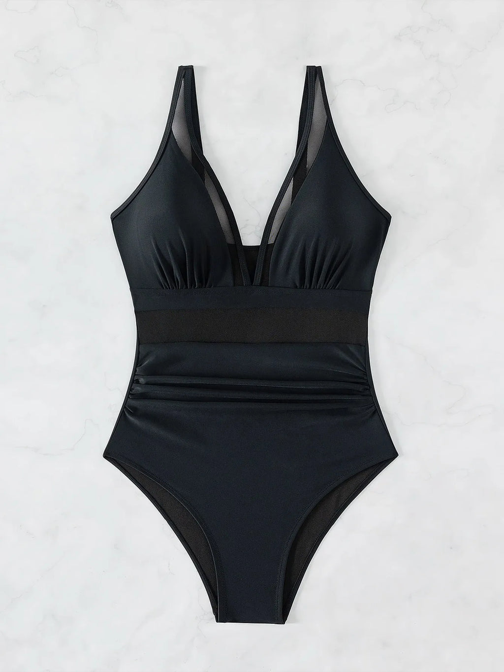Black halter neck one-piece swimsuit for women on a mannequin, showing sleeveless design and briefs style.