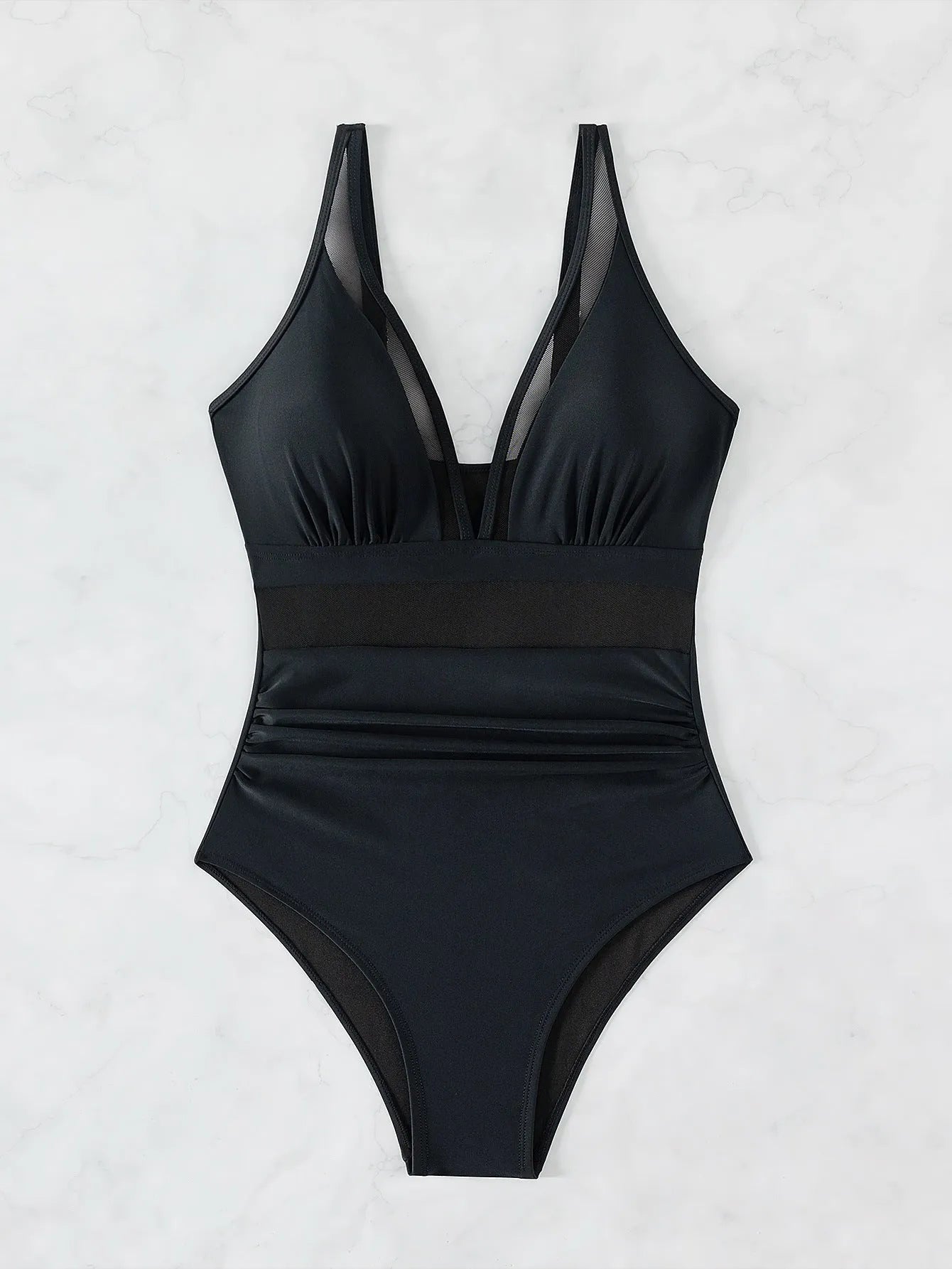 Black halter neck one-piece swimsuit for women on a mannequin, showing sleeveless design and briefs style.