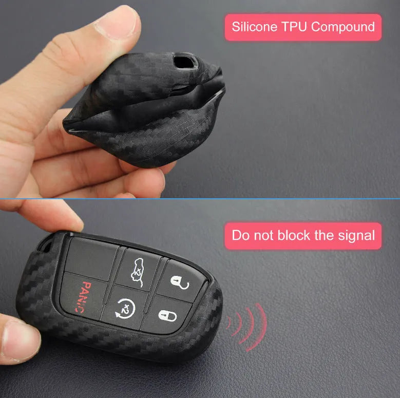 Silicone car key protection case for Dodge Chrysler Fiat remotes with carbon fibre design and large buckle