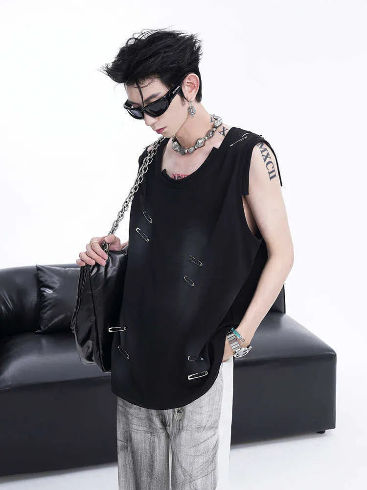 Men's black distressed waistcoat vest with irregular cut edges and sleeveless design