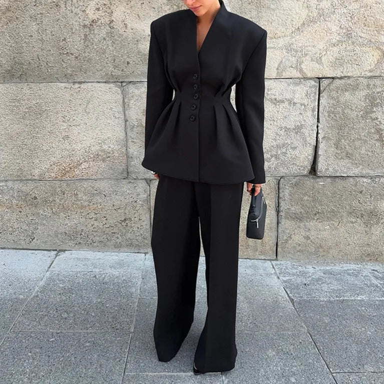 Black long sleeve V-neck pleated waist suit jacket and trousers two-piece set for women polyester solid colour