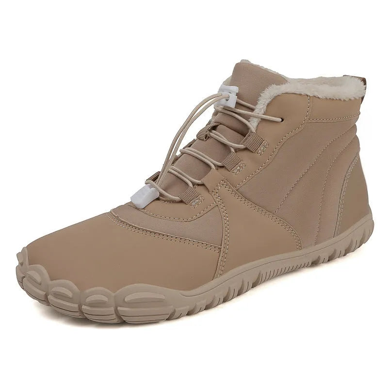 Outdoor snow boots with lace-up front, round toe, and black rubber sole shown in khaki colour.