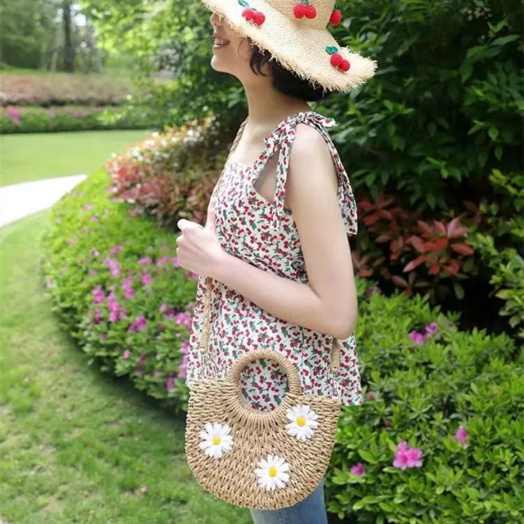Women's daisy woven straw crossbody bag, light brown, 25x20x8cm, for casual travel