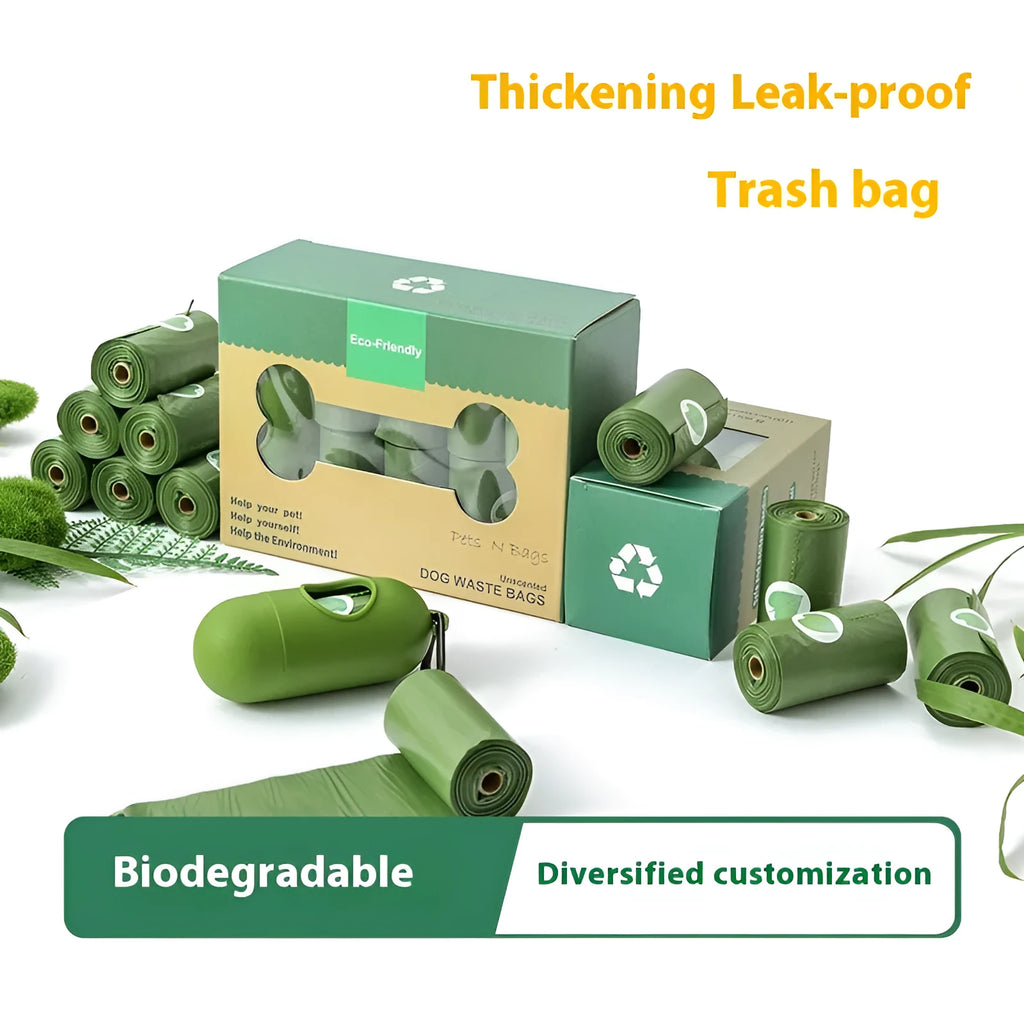 Rolls of green and black EPI degradable thickening pet waste bags with a portable dispenser