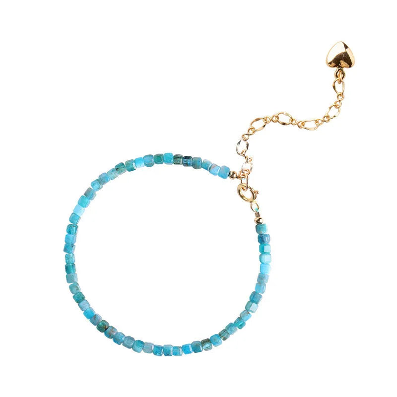 Women's natural blue apatite crystal bracelet with diamond-shaped stones, blue and gray, adjustable fit 14-18 cm.