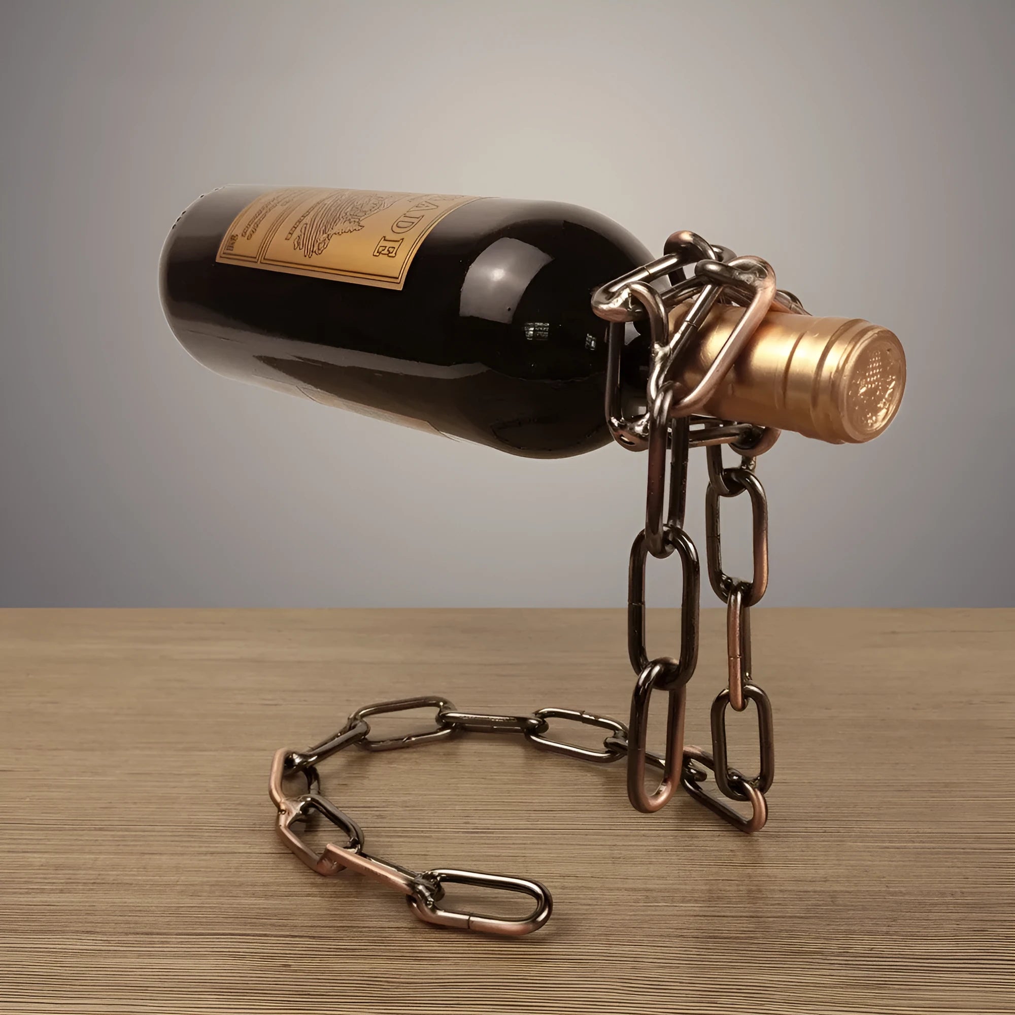 Odd suspension iron chain wine rack bracket in copper finish, 20x14x21cm, wall mounted with metal chain