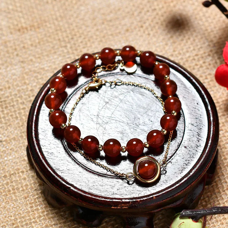 Double-layer strawberry crystal bracelet with lucky beads, electroplated real gold on copper, natural stone beads
