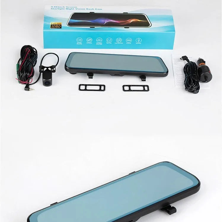 10-inch full screen dash cam with front and rear dual lens recording in 1080p, touch operation, and parking surveillance features.