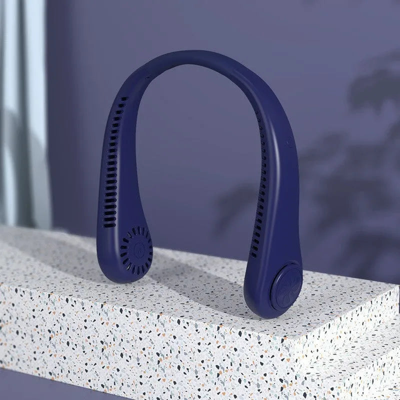 Pink USB rechargeable bladeless neck fan with a flexible neckband, shown in a folded position.