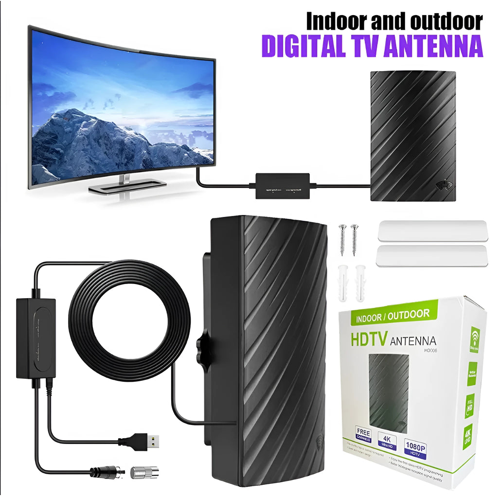 Black plastic digital television antenna with mounting hardware including expansion tubes, screws, and cable ties